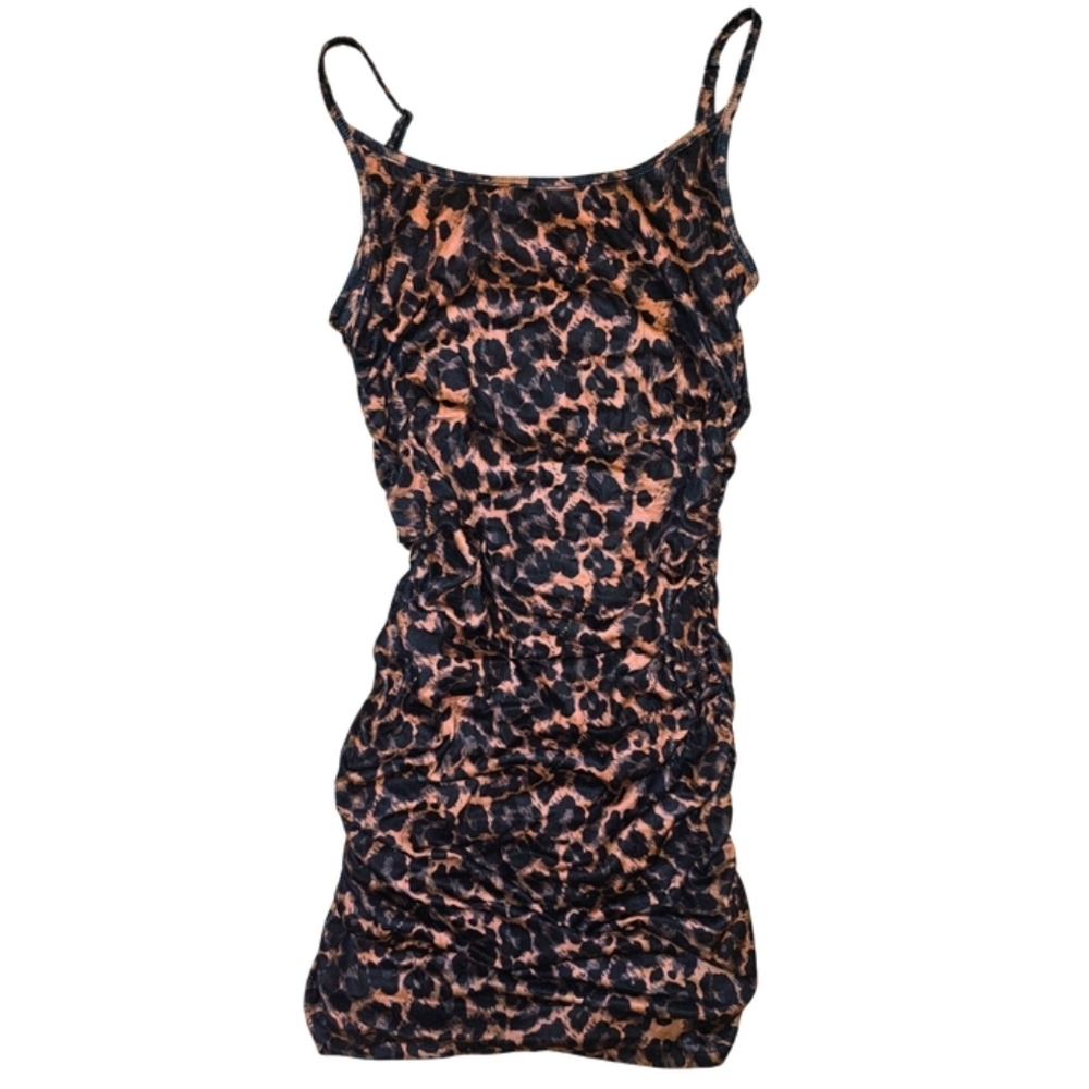 leopard print ruched mini dress size medium